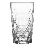 The Lav - Keops Long Drink Glass, standing tall at 135mm, features an intricate geometric pattern. It's a clear glass tumbler that's perfect for any collection and comes as part of a versatile 3 pack against a plain white background.